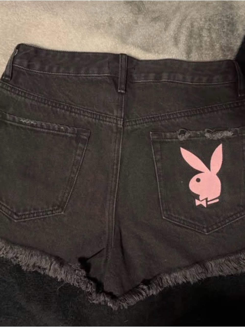 Playboy Black Denim Shorts with Pink Logo